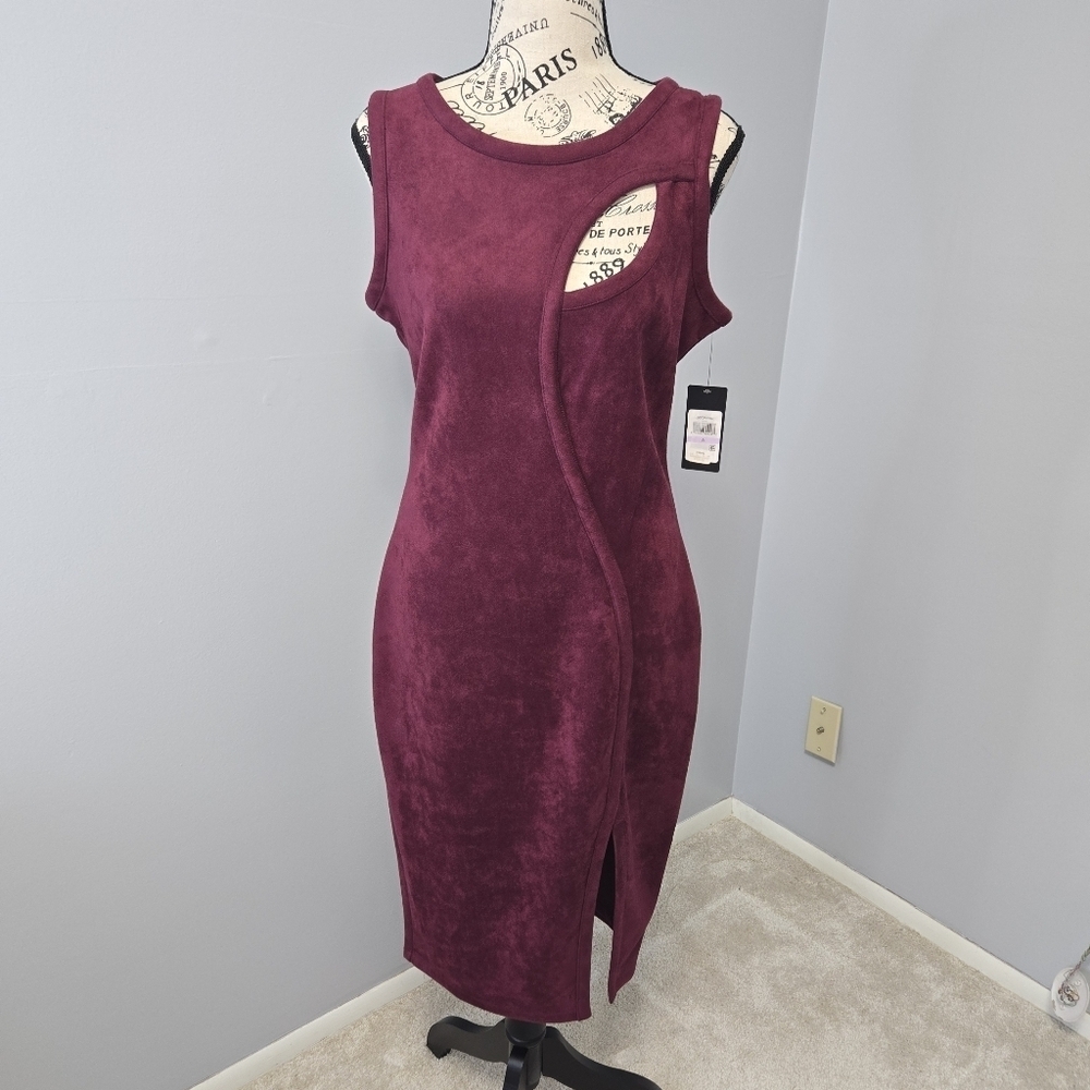 Guess Red Bodycon Midi Dress Crew Neck Faux Suede Size 6  NWT - Picture 2 of 10